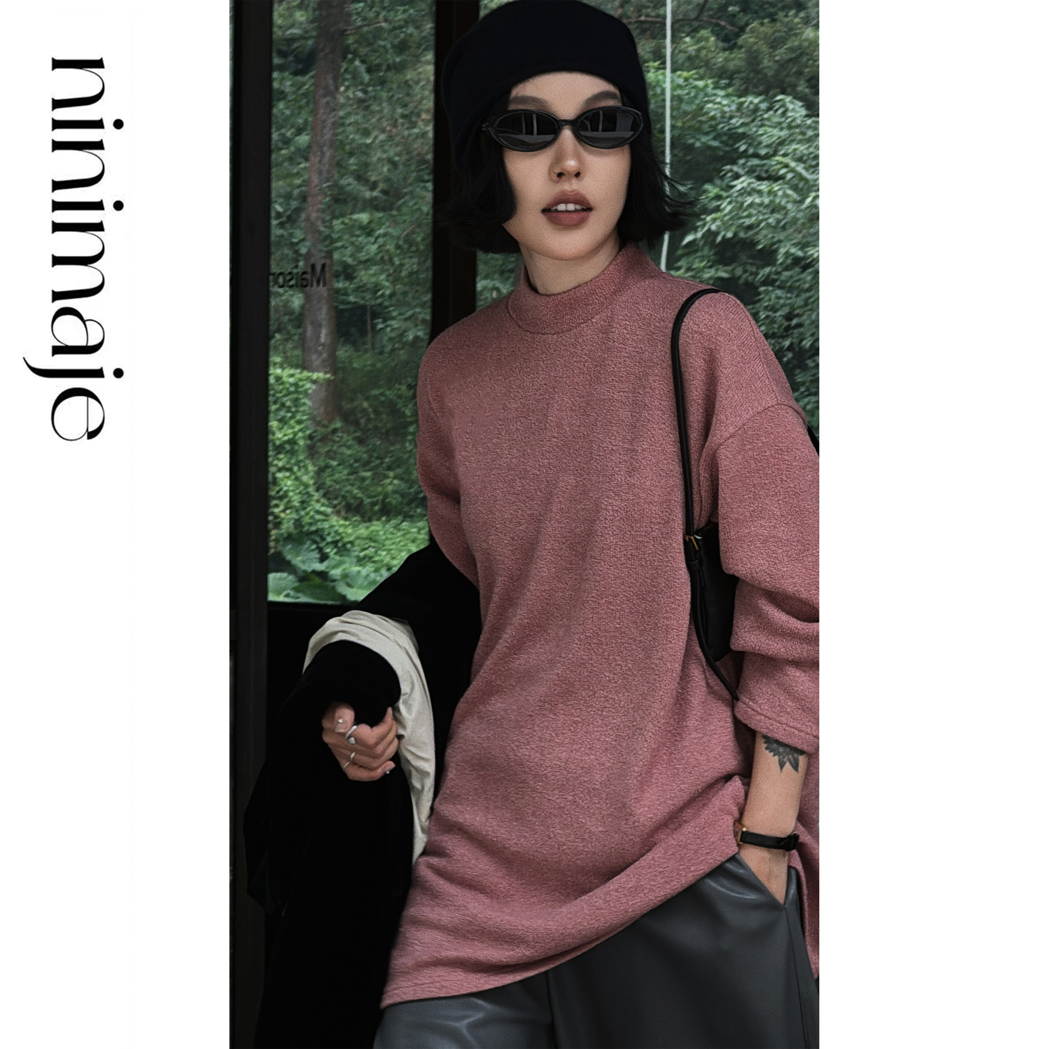 南北贝'针织t'极简设计纯色叠穿圆领短袖上衣+好看显瘦长袖两件套 - 图0