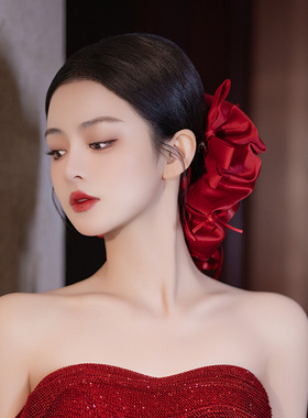 韩式酒红缎面大肠发圈高级甜美蝴蝶结丝带时尚新娘敬酒服礼服头饰