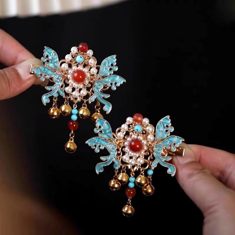 新中式古风祥云珍珠流苏发夹侧边汉服发饰对夹古典国风烧蓝夹子女,淘宝优惠券,粉丝福利购,淘宝优惠卷