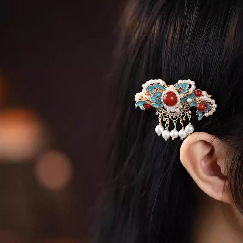 新中式古风祥云珍珠流苏发夹侧边汉服发饰对夹古典国风烧蓝夹子女,淘宝优惠券,粉丝福利购,淘宝优惠卷