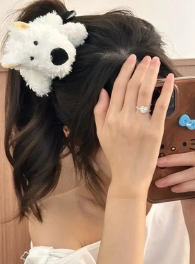 卡通白色小狗鸭嘴夹女秋冬2025新款毛绒西高地侧边夹软萌可爱发夹