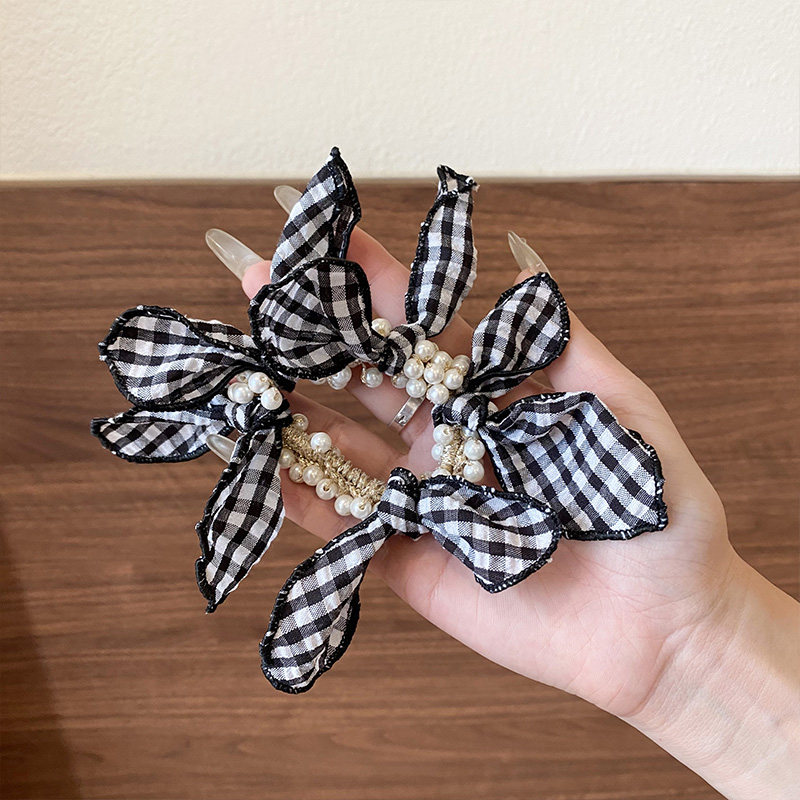 韩国发饰少女清新黑白格纹蝴蝶结珍珠小肠发圈文艺气质头绳扎发绳,淘宝优惠券,粉丝福利购,淘宝优惠卷