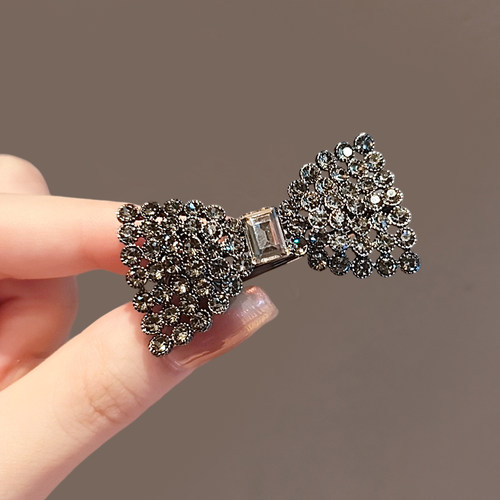 法式超闪蝴蝶结鸭嘴夹法式镂空满钻发卡子仙气侧边小号刘海夹 - 图0