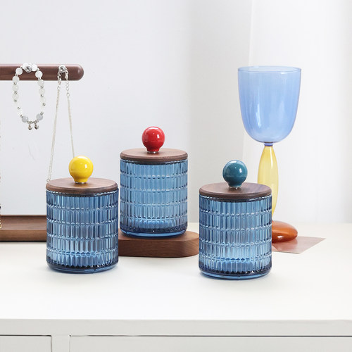 玻璃带胡桃木盖棉签收纳盒客厅餐厅牙签筒牙线收纳罐高颜值多巴胺 - 图2