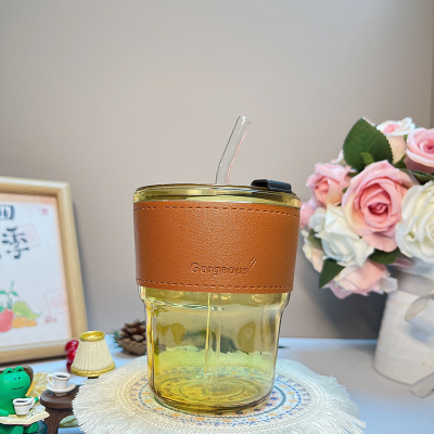 4公司年会竹节杯礼品水杯家用玻璃杯高颜值皮套隔热吸管杯子定制