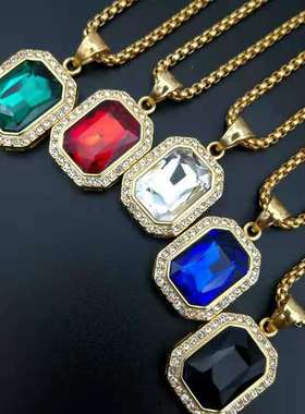 极速MM时尚潮流钛钢项链男女情侣镶钻I长方形宝石绿红兰白黑色金