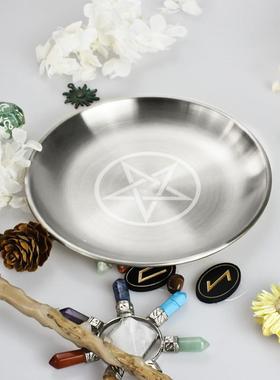 14cm银色摆盘三相月五芒星摆件金属烛台摆台仪式冥想不锈钢盘跨境