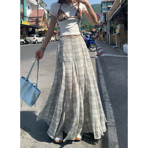YC&复古高级感垂感飘逸格纹长裙新款温柔风显瘦A字裙半身裙女夏季 - 图0