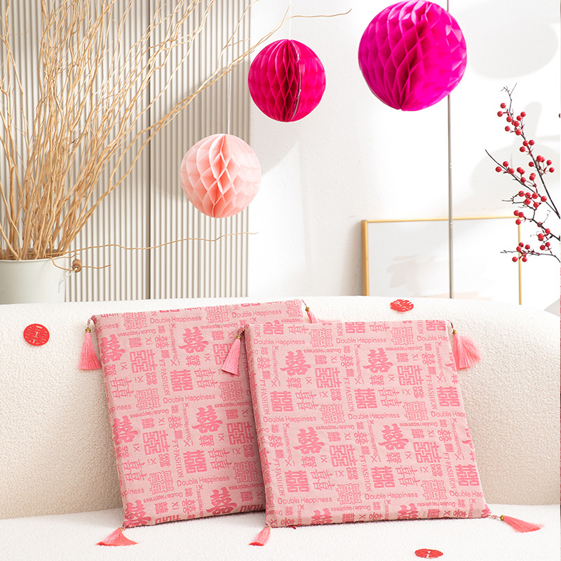 极速中式结婚婚庆用品粉色色织提花流F苏坐垫囍字垫子结婚磕头敬 - 图2