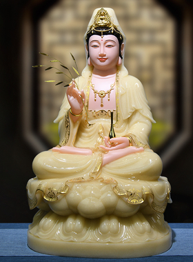 极速汉白玉观音菩萨佛像家用全堂佛坐莲娑婆三圣观U世音摆件大居