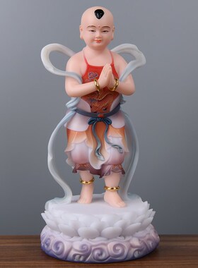 极速金童玉女摆i件汉白玉彩绘观音菩萨前善财童子童男童女一对供
