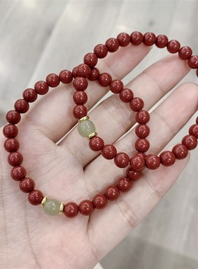 极速原矿朱砂搭配i天然和田玉单圈女款手链 女款6mm酒红色手串 小