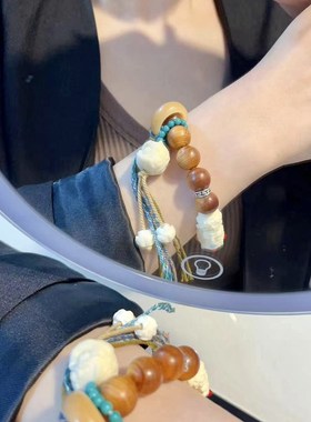 极速高油崖柏搭配象牙果度z母醒狮女款手链 女款文玩手串