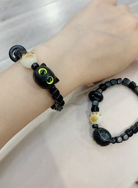 极速黑檀木方糖搭配纹p理小猫猫单圈女款手链 菩提根猫爪 甜美系