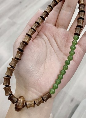 极速檀木竹节搭配碧绿色玉髓女x款两圈女款手链 檀木跑环 小众手