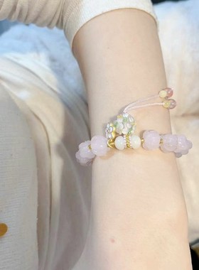 极速糯冰粉莲花琉璃搭配琉璃球女款粉嫩女款O手链 浅粉色琉璃手串