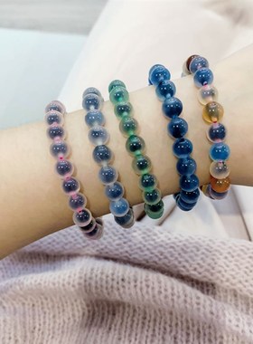 极速天然彩色蓝粉绿黑糖心玛w瑙圆珠女款手链 女款水晶手串 糖果