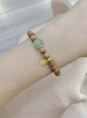 极速老山檀搭配天然和田玉单圈女款女款手链 P时尚百搭有香味手串