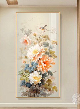 新品花开富贵f新中式入户玄关装饰画客厅走廊过道竖版挂画牡丹花