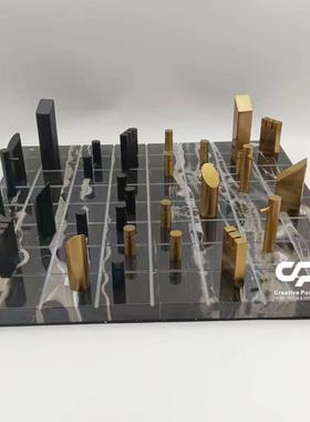 轻奢大理石金属国际棋盘几何摆件创意家居饰品
