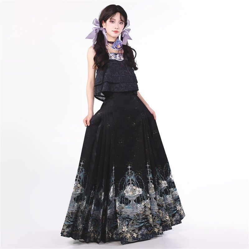 月渺境[灵愿泉]黑色马面裙套装女吊带汉洋折衷2025新款汉服新中式,淘宝优惠券,粉丝福利购,淘宝优惠卷