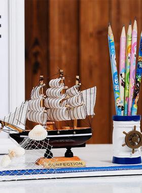 地中海帆船模型笔筒 一帆风顺办公装饰品 创意木质工艺品桌面摆件