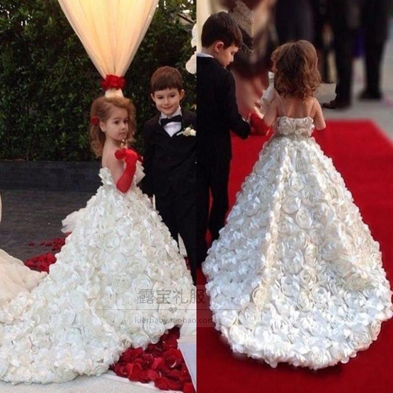 儿童礼服白色女童公主裙花童生日拖尾蕾丝婚纱钢琴走秀T台演出服 - 图0