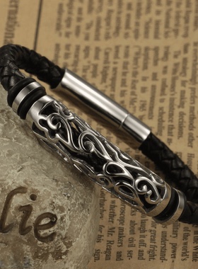 ROCK PUNK时尚潮人网格钛钢皮手链男士日韩皮绳编织首饰简约手饰