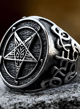 ROCK PUNK时尚潮牌款恶魔撒旦钛钢戒指饰品复古钛钢五角星食指环