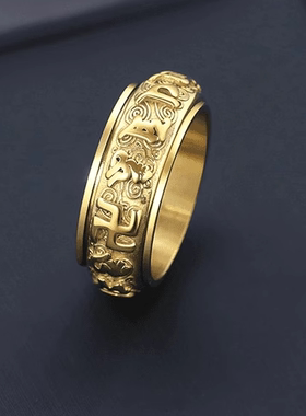 ROCK PUNK时尚六字箴言旋转男士戒指个性小众食指饰品不掉色指环