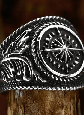 ROCK PUNK霸气时尚潮牌款钛钢指南针戒指创意欧美复古海浪潮指环