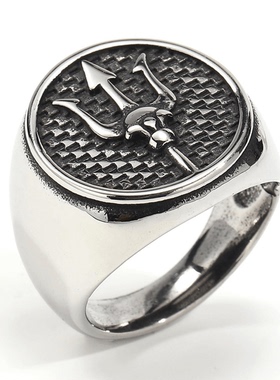 Rock Punk 朋克风时尚潮牌海王三叉钛钢戒指男个性复古街头手饰品