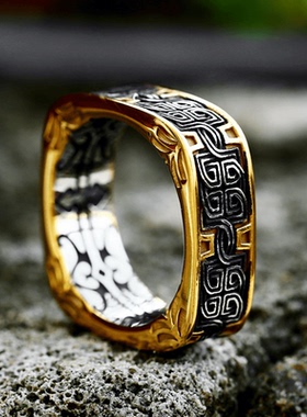 ROCK PUNK时尚凯尔特间金钛钢戒指 雕刻个性简约男士高级感食指环