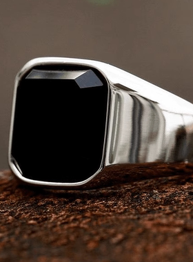 ROCK PUNK时尚潮牌钛钢镶黑瑙食戒指创意复古男士黑色小众食指环