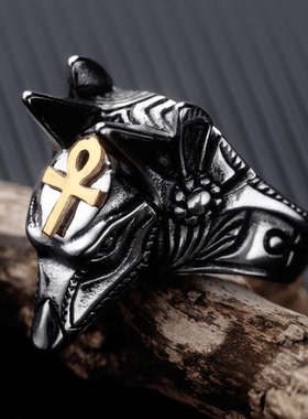 ROCK PUNK防身死神霸气男士钛钢戒指阿努比斯埃及十字架潮人指环