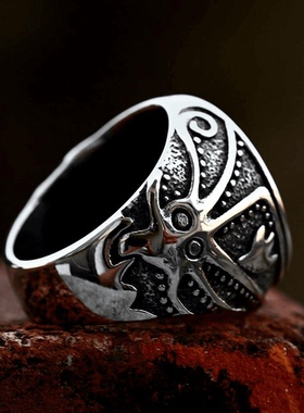 ROCK PUNK朋克风钛钢男士铸造船帆章鱼戒指饰品创意欧美复古霸气