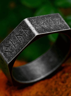 Rock Punk 欧美时尚简约维京字母戒指个性复古六角螺母男士潮指环