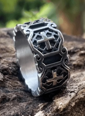 ROCK PUNK潮牌菱形十字架戒指男款复古风高级感欧美饰品闭口指环