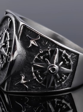 ROCK PUNK宽版时尚复古维京航海十字架指南针男士高级感潮人戒指