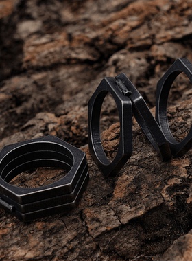 ROCK PUNK多边形三环简约复古款钛钢戒指男士个性百搭指虎潮指环