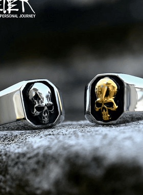 Rock Punk 朋克风潮牌风嘻哈骷髅头钛钢戒指厂家创意新款男潮个性