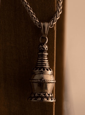 ROCK PUNK国风钛钢复古佛塔舍利吊坠莲花底挂件气质男士项链配饰