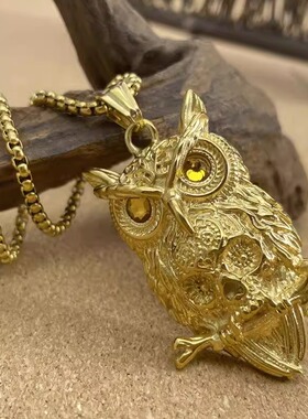 ROCK PUNK复古朋克风钛钢猫头鹰骷髅头吊坠暗黑时尚小众欧美项链