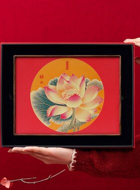 铜雕画摆件礼盒高级感桌面装饰画电视柜办公室莲花摆台送长辈礼物