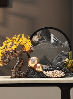 发财树流水生财假山流沙画摆件新中式客厅装饰品高档乔迁开业礼物