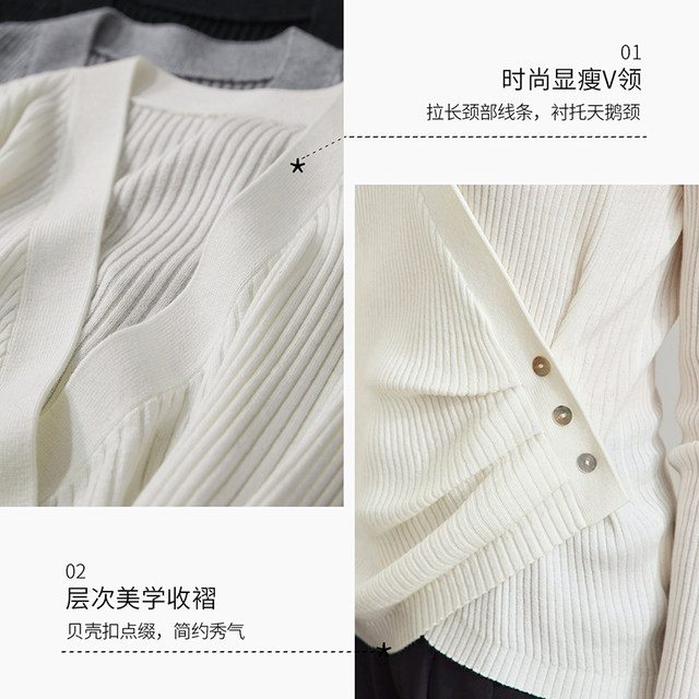 Amii2025 new autumn style commuter temperament V-neck asymmetric pleated wool sweater women's shell button pullover top