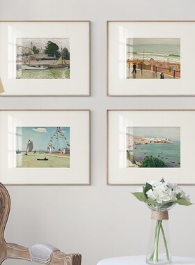 极速北欧简美e法式海边风景艺术玄关壁画客厅卧室小众复古帆船挂