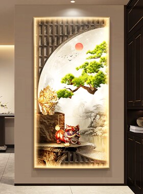 极速新中式醒狮玄关装饰画平安喜乐大厅走K廊带灯挂画迎客松入户