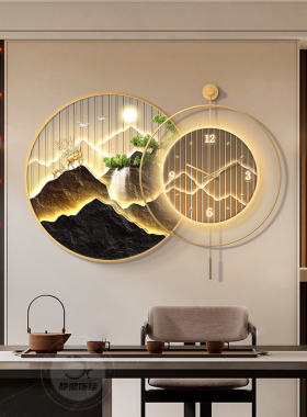 极速背有靠山餐h厅装饰画新中式饭厅餐桌时钟挂画客厅背景墙带钟