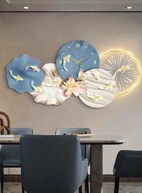 极速家和万事兴餐k厅装饰画轻奢九鱼图挂钟饭厅壁画客厅时钟表挂